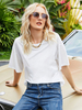 Weiße Bluse für Frauen Jewel Neck Half Sleeves Printed Paspeln Baumwolle Oversized T-Shirt