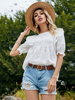Weiße Bluse für Frauen Jewel Neck Kurzarm Übergroße Plissee ausgeschnitten Casual Polyester Sommerhemd