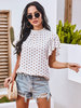 Weiße Bluse für Frauen Polka Dot Stretch Plissee Paspelierung Juwelenhals Lässig Kurzarm Polyester Tops