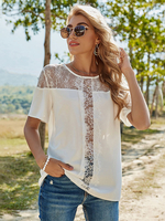 Weiße Bluse für Frauen Polyester Jewel Neck Übergroße Casual Lace Cut Out Kurzarm Sommer T-Shirt