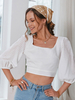 Weiße Bluse für Frauen Polyester Vierkanthals Rückenlos Sexy Schnürung 3/4 Länge Ärmel Sommer Tops