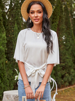 Weiße Bluse für Frauen Schnüren Sie geknoteten Juwelenhals Lässig Halbarm Polyester Übergroßes T-Shirt
