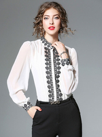 Weiße Bluse Langarm Rundhals bestickt Chiffon Top für Frauen