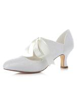 Weiße Braut Pumps Satinbänder Schnürschuh Hochzeit Heels für Frauen