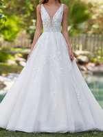 Weiße Brautkleider A Line bodenlang ärmellose Applique V-Ausschnitt lange Brautkleider