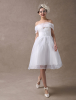 Weiße Brautkleider kurz aus der Schulter Organza Bow Plissee Bridal Empfang Kleid