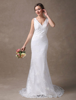 Weiße Brautkleider Meerjungfrau V-Ausschnitt Spitze Applique Perlen Brautkleid mit Zug