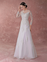 Weiße Brautkleider Spitze Applique Pailletten Perlen Langarm A Line Illusion Bodenlangen Brautkleid