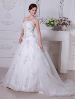 Weiße Brautkleider trägerlosen Brautkleid Spitze bestickt Sweetheart Ausschnitt Organza Satin Seite drapiert Brautkleid mit Zug