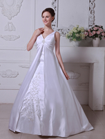 Weiße Brautkleider V-Ausschnitt Satin Brautkleid Eine Linie Spitze bestickt Sicke Plissee Kapelle Zug Brautkleid