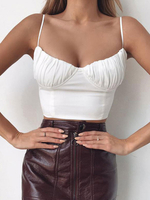 Weiße Cami Top Sexy Träger Hals Schnüren Plissee Baumwolle Rückenfreie Frauen Camis