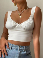 Weiße Cami Top V-Ausschnitt Plissee Polyester Sexy Frauen Camis