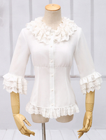 Weiße Chiffon Lolita Bluse Mitte Ärmeln Rüschen Lace Trim