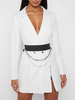 Weiße figurbetonte Kleider Damen Turndown Collar Langarm gestreiftes Blazerkleid