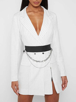 Weiße figurbetonte Kleider Damen Turndown Collar Langarm gestreiftes Blazerkleid