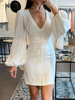 Weiße figurbetonte Kleider Damen V-Ausschnitt Langarmknöpfe Slim Fit Kurzes Kleid