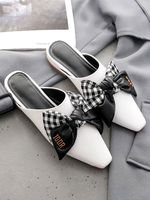 Weiße flache Pantoletten Leder Square Toe Bow Slip-On Schuhe