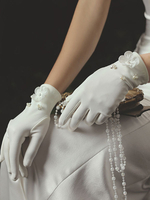 Weiße Frauen Hochzeitshandschuhe Satin Stoff Perlen Blumen Brauthandschuhe