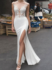 Weiße Hochzeit Brautkleider Bodenlänge Ärmellose Applikation Illusion Ausschnitt Braut Meerjungfrau Kleid Abendkleid