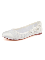 Weiße Hochzeit Schuhe Lace Round Toe Strass Flache Mutter der Braut Schuhe