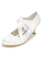 Weiße Hochzeit Schuhe Satin Round Toe Lace Up Brautschuhe Frauen Kätzchen Heels