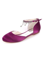 Weiße Hochzeit Schuhe Satin Round Toe Strass Ketten Brautjungfer Schuhe flache Brautschuhe