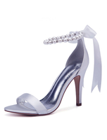 Weiße Hochzeitsschuhe Satin Open Toe Perlen Bow High Heel Brautschuhe Party Schuhe