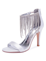 Weiße Hochzeitsschuhe Satin Open Toe Strass Knöchelriemen High Heel Sandalen