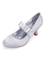 Weiße Hochzeitsschuhe Satin Runde Zehe Bow Vintage Brautschuhe Mary Jane Schuhe