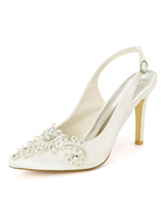 Weiße Hochzeitsschuhe Satin spitze Zehen Strass Stöckelschuhe Brautschuhe