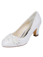Weiße Hochzeitsschuhe schnüren klobige Ferse Slip-on Pailletten Perlen Runde Toe Brautschuhe