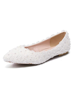 Weiße Hochzeitsschuhe Spitze Spitze Zehenperlen Flache Brautschuhe