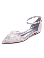 Weiße Hochzeitsschuhe Spitzschuh Blumen Detail Knöchelriemen Flache Brautschuhe Satin Brautjungfer Schuhe