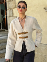 Weiße Jacke für Damen überschnittene Schultern V-Ausschnitt Schnallendetails lässige Frühlingsoberbekleidung 2025