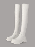 Weiße kniehohe Stiefel für Damen mit runder Zehenpartie flache knielange Stiefel