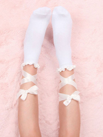 Weiße Lolita Socken Rüschen Bögen Riemchen Krawatte Baumwolle Lolita Strumpfhosen
