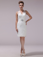 Weiße Mantel V-Ausschnitt Reißverschluss Strass knielang Hochzeit Empfang Spitzenkleid Milanoo