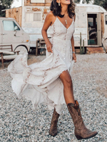 Weiße Maxikleider Frauen V-Ausschnitt Animal Print Rüschen bodenlanges Boho-Kleid