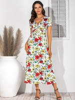 Weiße Maxikleider Kurzarm Ärmel Schillerndes Blumenmuster V-Ausschnitt Plissee Übergroßes Polyester-bodenlanges Kleid