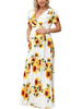 Weiße Maxikleider Kurzarm Sonnenblumen mit V-Ausschnitt Druckmuster Polyester Bodenlanges Sommerkleid