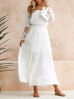 Weiße Maxikleider Lange Ärmel aus der Schulter Spitze Sommerkleid