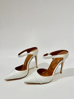 Weiße Pantoletten mit hohem Absatz für Damen spitze Zehenpartie rückenfreie Pantoletten