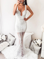 Weiße Partykleider Lace Designed Neck Ärmelloses rückenfreies halbformales Kleid