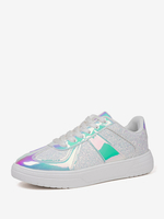 Weiße PU-Leder-Sneakers mit runder Spitze für Damen flach (<1 Zoll) Freizeitschuhe