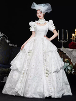 Weiße Retro-Kostüme für Damen Blumendruck Rüschen Polyester Kleid Kopfbedeckung Retro-Marie-Antoinette-Kostüm Vintage-Kleidung