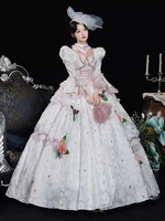 Weiße Retro-Kostüme mit Rüschen Polyester Blumendruck Kopfbedeckung Retro-Marie-Antoinette-Kostüm für Damen Maskenballkleid