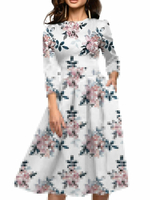 Weiße Skaterkleider Damen Jewel Neck 3/4 Länge Ärmel Blumendruck Ausgestelltes Kleid