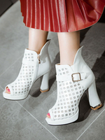 Weiße Sommerstiefel Damen Peep Toe Buckle High Heel Stiefel