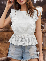 Weiße Spitze Bluse Ärmellose Rüschen Schößchen Tops
