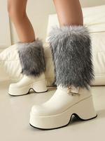 Weiße Stiefel aus PU-Leder mit runder Zehenpartie und klobigem Absatz bis zur Mitte der Wade für Damenstiefel